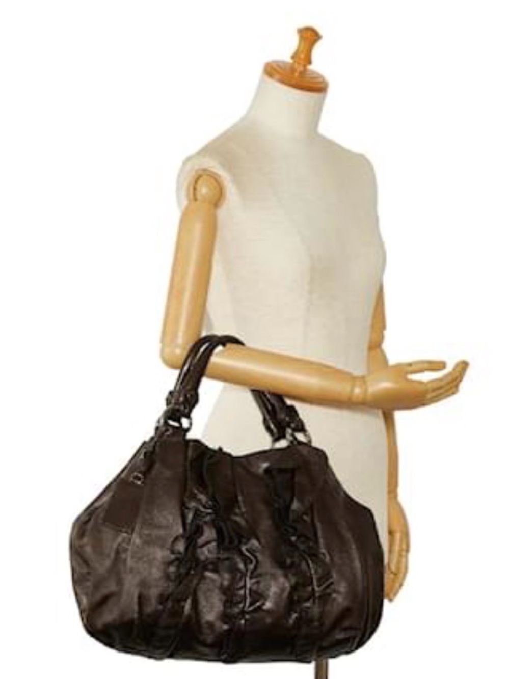 PRADA Nappa Mordore Leather Brown Ruffle Bag - Picture 2 of 14